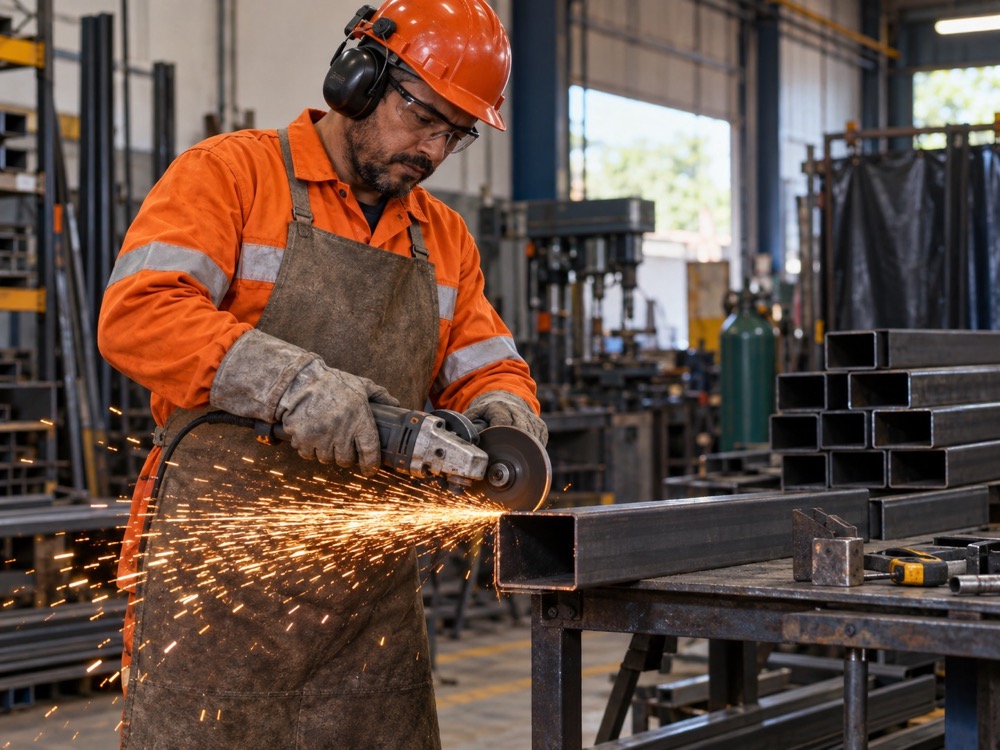 Profissional de serralheria cortando um perfil de aço com equipamento de proteção
